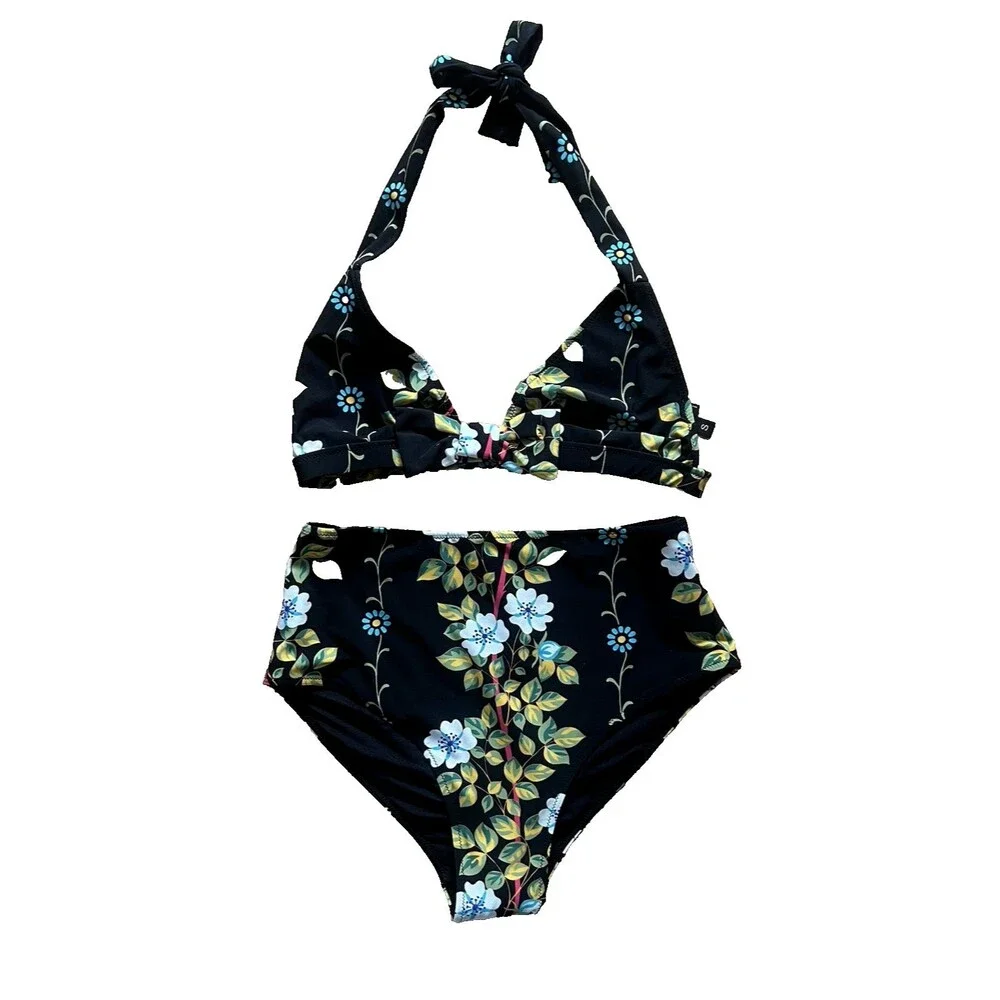 ETRO Milano BlackFloral Halter Neck High Waist Bikini Set NEW MSRP $850 Sz S/2-4